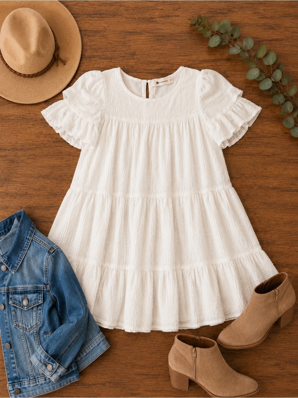 The Impeccable Pig White Tiered Ruffle Short Sleeve Dress